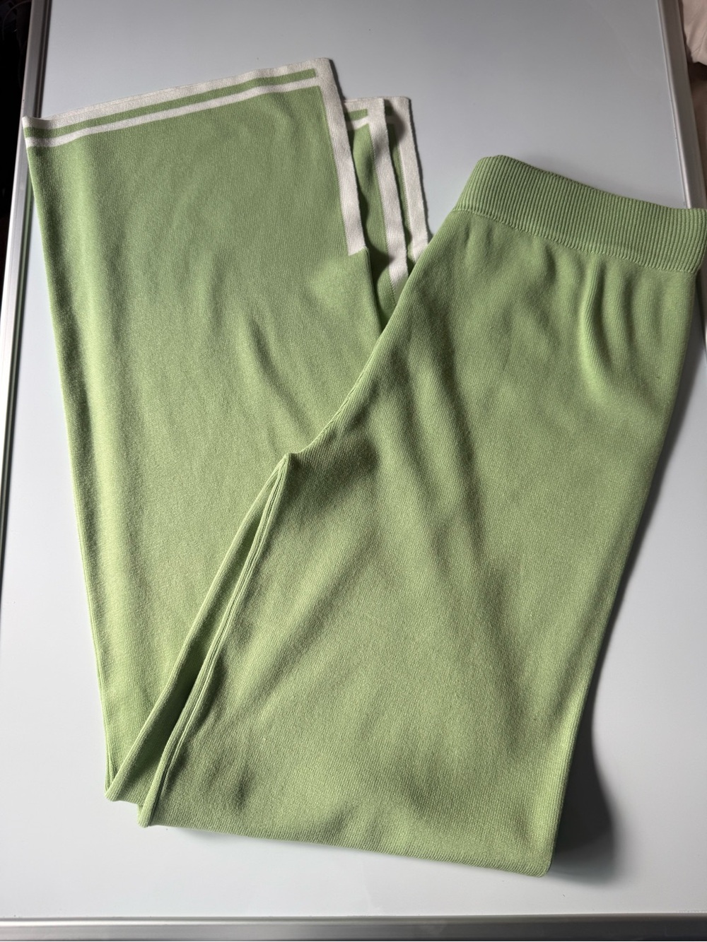 Light Green Wide-Leg Knit Pants with Contrast Trim - Brand Not Visible